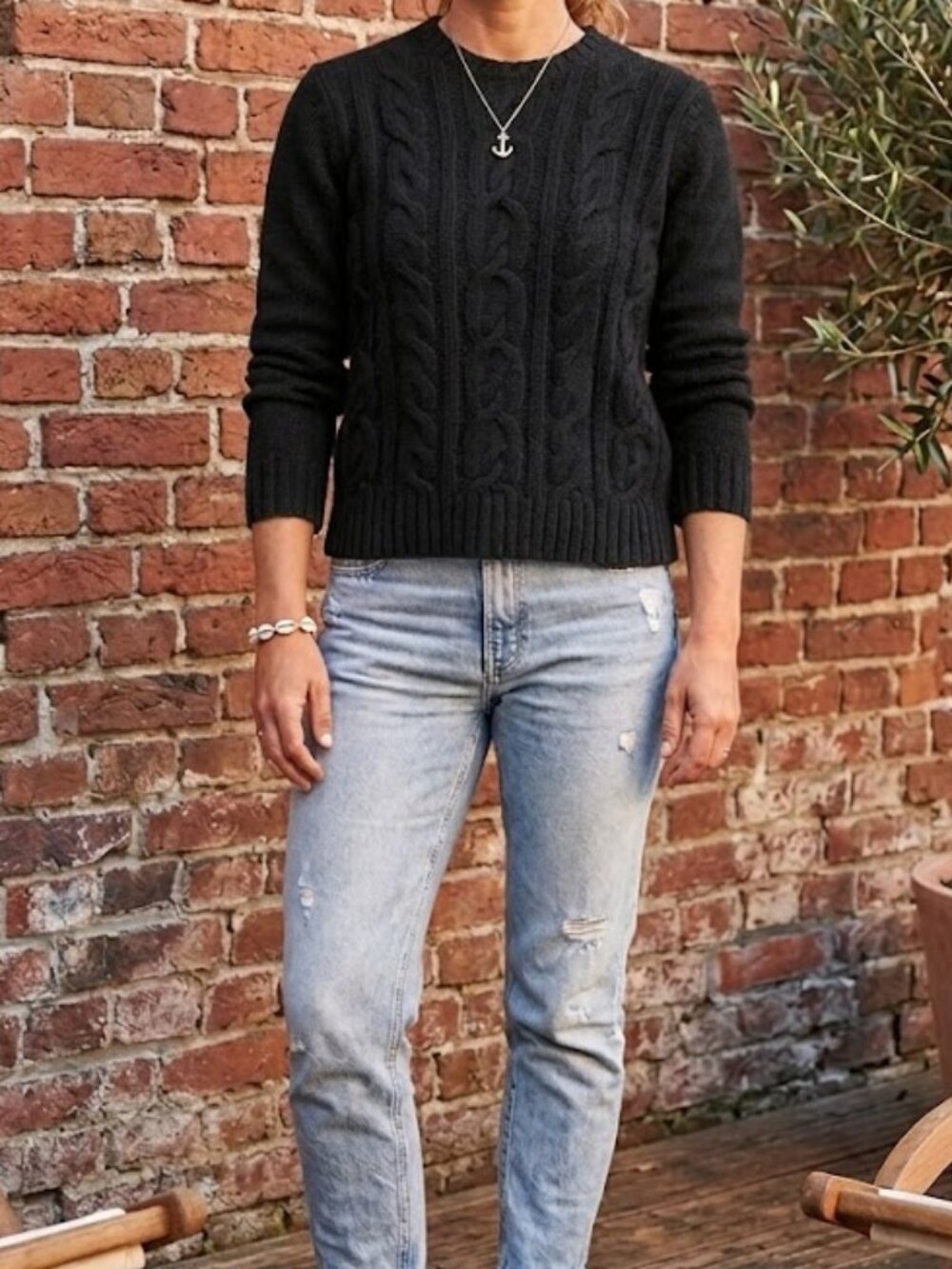 Gap Y2K Angora Wool Cashmere Cable Knit Sweater Black Rhinestone Button Medium
